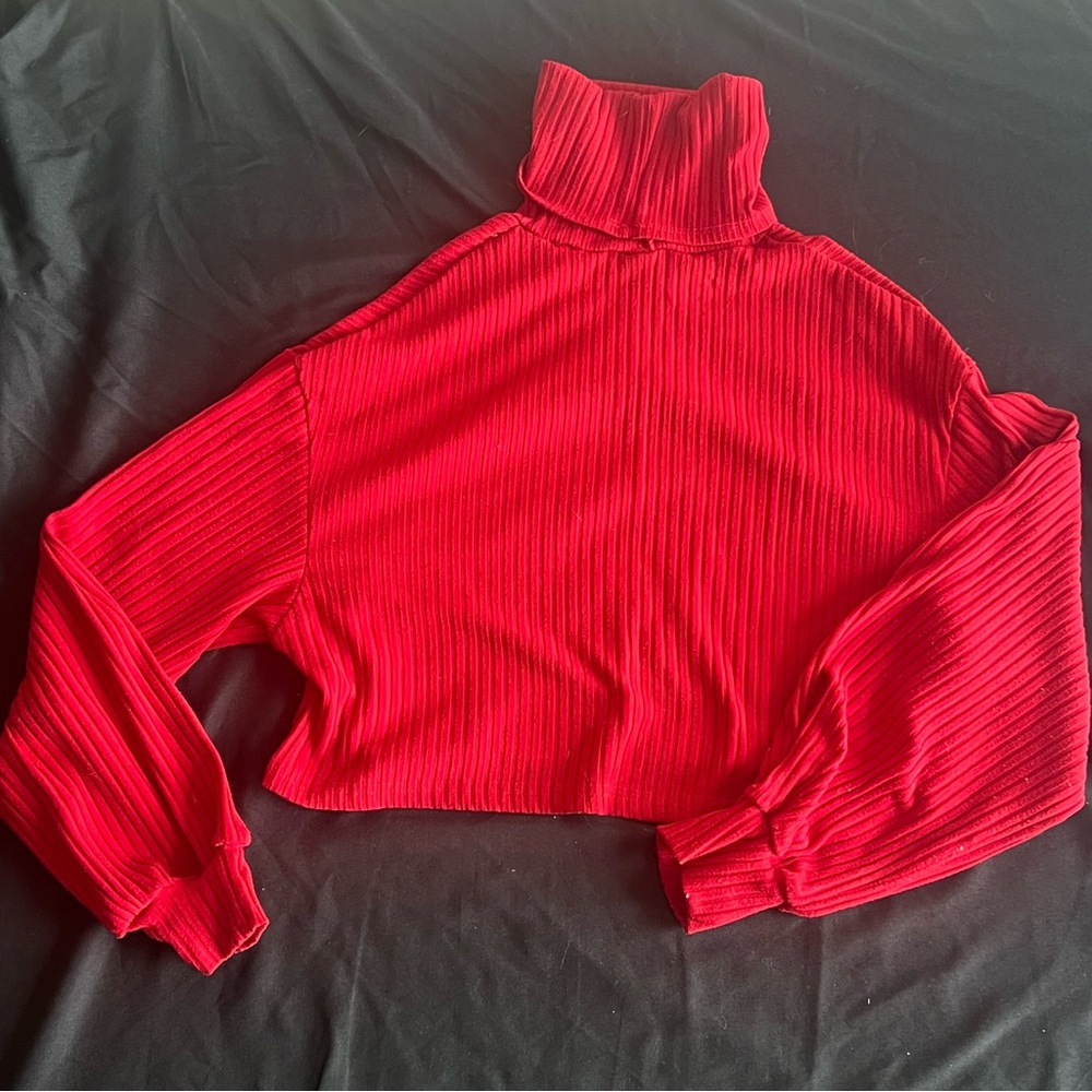 Lantern Sleeved Cropped Red Ribbed Turtleneck Sweater